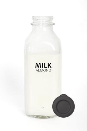 JARSAVER® 34oz/1L Glass Milk Bottles With Black Silicone Lid | Reusable Food Grade Glass Jugs | Leakproof & Airtight | Made in America | for Milk, Almond Milk, Oat Milk, Soy Milk, Juice (Almond Milk)