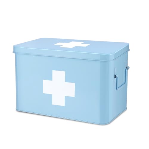 Flexzion Large Metal First Aid Box Empty, 13-Inch, Blue with White Cross - color: Blue, size: 13 Inch without Latch Lock