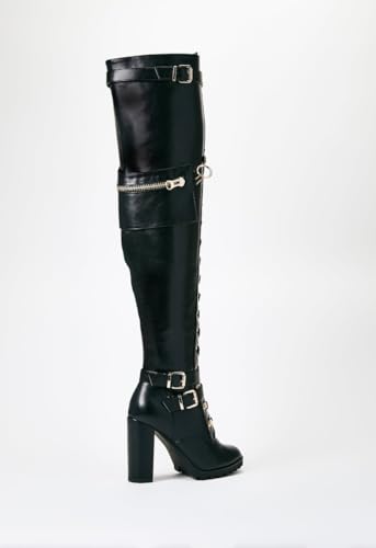 Yishaweiqi Buckle Strap Wide Calf Thigh High Boots for Women Chunky Block High Heel Over The Knee Boots Lace up Riding Combat Boots Ladies Side Zipper Tall Long Boots - color: Black, size: 11