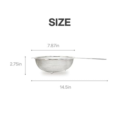 8″ Stainless Steel Fine Mesh Strainer with Feet – Standing Colander with Handle for Strain, Sift, Drain & Rinse Vegetables, Fruits & Pasta