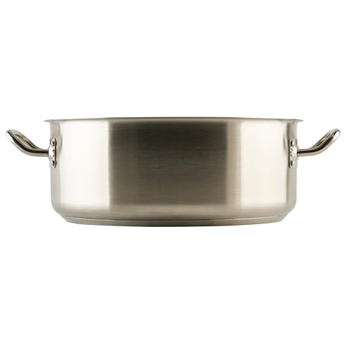 Winco 15 qt Stainless Steel Brazier Pan with Lid | Flat bottom, Wide base, Riveted handles, Induction safe, Great for Braising, Simmering, Batch Cooking and Restaurant Kitchens - size: 15 Quarts