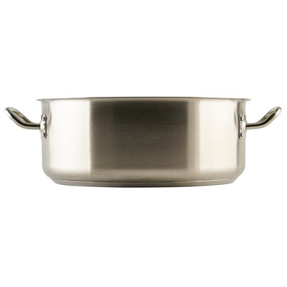 Winco 15 qt Stainless Steel Brazier Pan with Lid | Flat bottom, Wide base, Riveted handles, Induction safe, Great for Braising, Simmering, Batch Cooking and Restaurant Kitchens - size: 15 Quarts