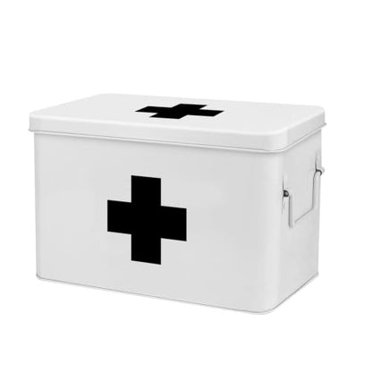 Flexzion Large Metal First Aid Box Empty, 13-Inch, White with Black Cross - color: White - Black Cross, size: 13 Inch without Latch Lock