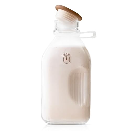 Almond Cow - Glass Pitcher with Lid and Spout, Glass Bottle Milk Container for Refrigerator, Clear Milk Jar Bottles, Food-Grade Liquid Container - 60 fl oz Capacity, 5 x 4 x 10 Inches - size: Glass Pitcher - 60 fl oz (Pack of 1)