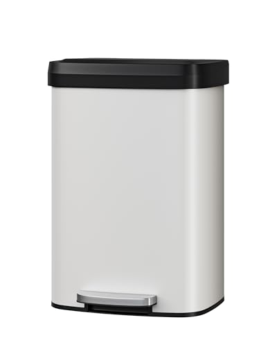 Garvee 13 gal / 50 L Metal Trash Can with Lid, Large Garbage Can for Kitchen, Rustproof Step-on Kitchen Metal Trash Bin with Liner Rim, Rear Handle, Soft Close Plastic Lid, White - color: White, size: 13.2 Gallons
