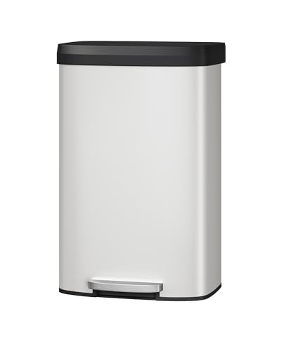 Garvee 21 gal / 80 L Metal Trash Can with Lid, Large Garbage Can for Kitchen, Rustproof Step-on Kitchen Metal Trash Bin with Liner Rim, Rear Handle, Soft Close Plastic Lid, White - color: White, size: 21.1 Gallons