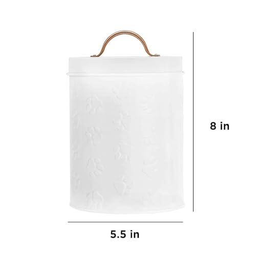 Amici Pet Puppy Paws White Metal Food Canister, Small, 64oz | Small Airtight Pet Food Storage Container with Silicone Gasket Lid, Embossed Paw Print for Dog & Cat Food, Treats & Kibbles