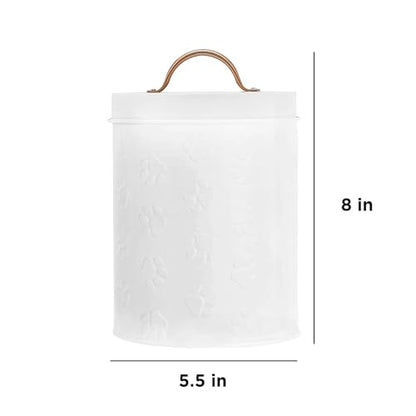 Amici Pet Puppy Paws White Metal Food Canister, Small, 64oz | Small Airtight Pet Food Storage Container with Silicone Gasket Lid, Embossed Paw Print for Dog & Cat Food, Treats & Kibbles