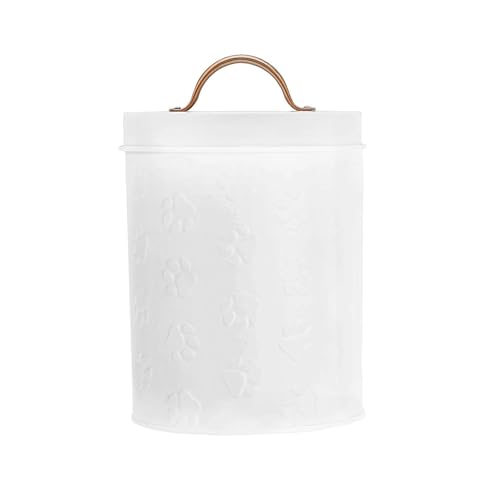 Amici Pet Puppy Paws White Metal Food Canister, Small, 64oz | Small Airtight Pet Food Storage Container with Silicone Gasket Lid, Embossed Paw Print for Dog & Cat Food, Treats & Kibbles
