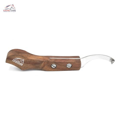 Equine Care Left-Handed Farrier Hoof Knife, Sheesham Wood Handle | Farrier hoof knife with genuine Sheesham wood handle; curved J2 stainless steel blade; brass screws; RH or LH - style: Left Handed