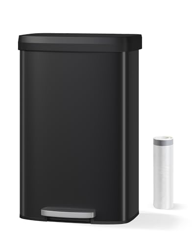Garvee 21 gal / 80 L Metal Trash Can with Lid, Large Garbage Can for Kitchen, Rustproof Step-on Kitchen Metal Trash Bin with Liner Rim, Rear Handle, Soft Close Plastic Lid, Black - color: Black, size: 21.1 Gallons