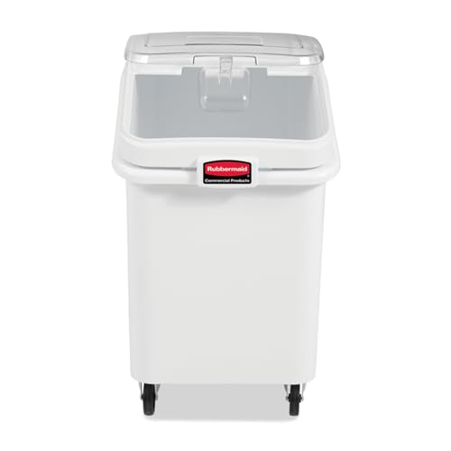 Rubbermaid Commercial Products ProSave Shelf-Storage Ingredient Bin With Scoop, 600-Cup capacity, Plastic, White, Sliding Lid, Container with Wheels for Kitchen/Restaurant Food Organization - size: 600 Cup