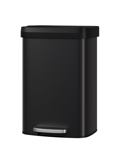 Garvee 13 gal / 50 L Metal Trash Can with Lid, Large Garbage Can for Kitchen, Rustproof Step-on Kitchen Metal Trash Bin with Liner Rim, Rear Handle, Soft Close Plastic Lid, Black - color: Black, size: 13.2 Gallons