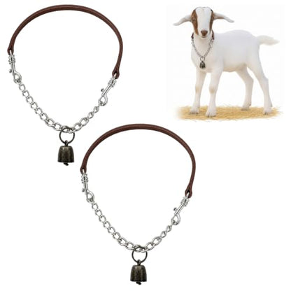 Misdary 2 Pack Goat Collars with Bells, Adjustable Iron Goat Chain Halter 14''-24'' Long for Sheep Horse Dog Cow Calf Farm Animal Supplies Accessories Animal Lovers Gift (Brown)