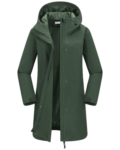 33,000ft Women's Waterproof Rain Jackets Long Rain Coats with Hood - color: Dark Green, size: X-Small