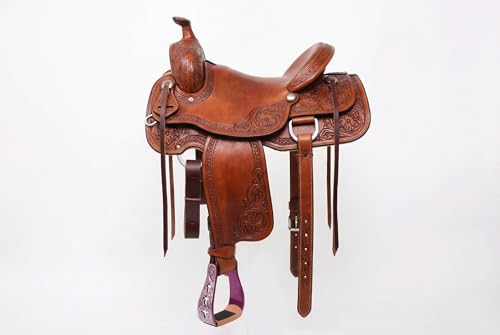CHALLENGER Western Show Horse Saddle Stirrups Aluminum Leather Tread Cross Engraved 5145v - color: Pink with genuine Leather Tread