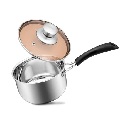 1QT Saucepan with Lid, Joyfair 18/10 Stainless Steel Small Sauce Pan Pot | Kitchen Cookware Milk Pot with Glass Lid for Cooking Stewing Boiling Spaghetti Soup, Heat-proof Handle, Dishwasher Safe - size: 1 Quarts