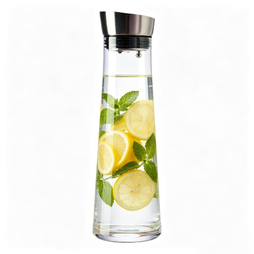 GLASKEY Glass Water Carafe with Lid,1200ml Borosilicate Glass Juice Pitcher with Stainless Steel Gravity Lid,Clear Water Pitcher for Ice Tea, Lemonade, Coffee,Juice Beverage,40 oz - size: 40 Ounces