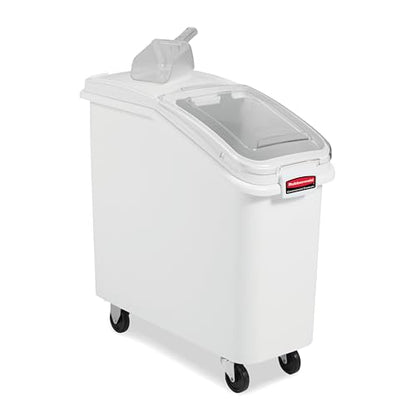 Rubbermaid Commercial Products ProSave Shelf-Storage Ingredient Bin With Scoop 400-Cup Capacity Plastic White Sliding Lid Container with Wheels for Kitchen/Restaurant/Food Organization - size: 400 Cup