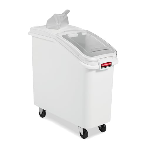 Rubbermaid Commercial Products ProSave Shelf-Storage Ingredient Bin With Scoop 400-Cup Capacity Plastic White Sliding Lid Container with Wheels for Kitchen/Restaurant/Food Organization - size: 400 Cup