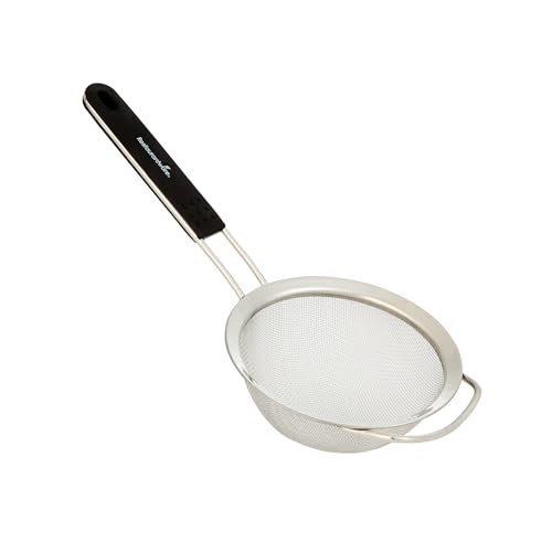 Restaurantware Fine Mesh Strainer 1 Count 12.6" x 5.5" x 2.3" with Silicone Handle Stainless Steel Extra Fine Mesh Strainer Heat-Resistant Handle Dishwasher-Safe for Rice, Quinoa, Pasta - size: Standard, Extra Fine Mesh-5 1/2"