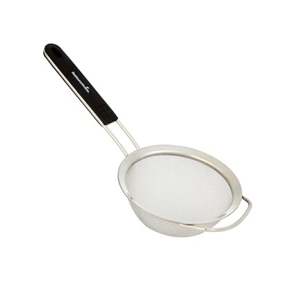 Restaurantware Fine Mesh Strainer 1 Count 12.6" x 5.5" x 2.3" with Silicone Handle Stainless Steel Extra Fine Mesh Strainer Heat-Resistant Handle Dishwasher-Safe for Rice, Quinoa, Pasta - size: Standard, Extra Fine Mesh-5 1/2"