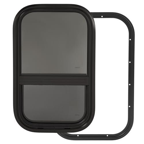 HECASA Universal RV Window 14" W x 22" H W/Trim Ring & Mesh Screen Vertical | Sliding Camper Teardrop Side Replacement Tinted Tempered Glass Aluminium Plastic - size: 14" W x 22" H