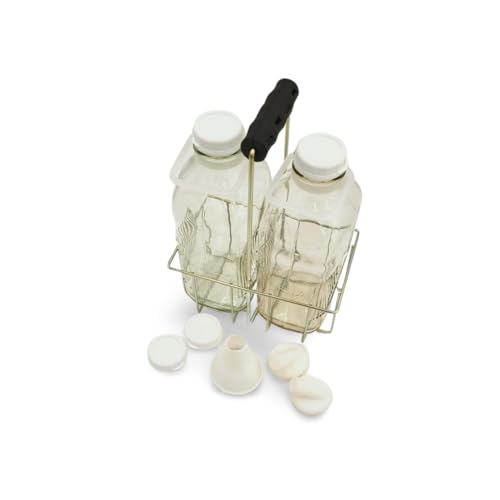 The Dairy Shoppe Heavy Glass Milk Bottles - Extra Lids, Silicone Pour Spouts, Silicone Funnel- Clear Milk Containers - Reusable - Wire Carrier - Made in USA (2 Quart / 2 Cell Carrier Combo) - size: 64 Ounces