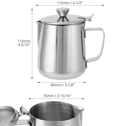 QWORK Stainless Steel Coffee Mug Milk Frothing Pitcher with Lid, 350ML, Dripless Spout, Ergonomic Handle, For Latte Coffee Art, Office and Kitchen, 2 Pcs