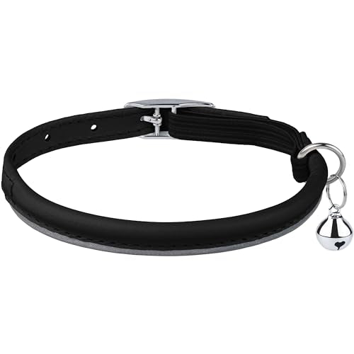 OOPSDOGGY Rolled Leather Cat Collar with Bell, Reflective Kitten Collars with Buckle Include Safety Elastic Strap - Adjustable Small Pet Collars for Boy Girl Cats (Black) - color: Black