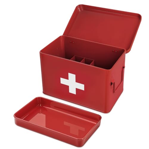 Plexon 8.5" Metal First Aid Box Empty, Medicine Storage Bin with Lid, Emergency Supplies Organizer, Portable First Aid Kit Case, Red - color: Red