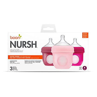 Boon Nursh Bottles - Slow Flow - Silicone Baby Bottles Help Ease Colic Symptoms - Formula and Breast Milk Only Touch Platinum Food-Safe Silicone - Pink - 0-3 Months - 3 Count - 4 Ounce - color: Pink, size: 4 Ounce (3 Count)