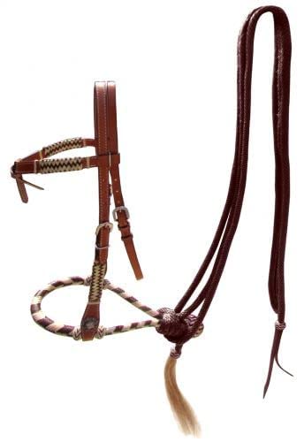 Showman Futurity Knot Bosal Headstall, Rawhide Mecate Reins | Doubled stitched medium oil leather futurity knot, rawhide bosal mecate reins, purple or brown - color: Brown