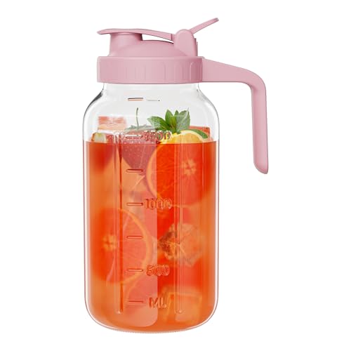 JunVpic Glass Pitcher with lid, 64 oz Wide Mouth Mason Jar - color: Pink, size: 64 Ounces