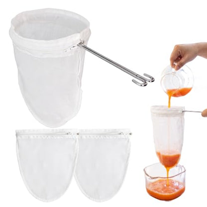 Nut Milk Strainer Bag Set, 3 Filters & 1 Stainless Handle | Secure Closure & Stainless Steel Handle, Washable Fine Mesh for Pulp-Free Nut Milk, Juice & Cold Brew