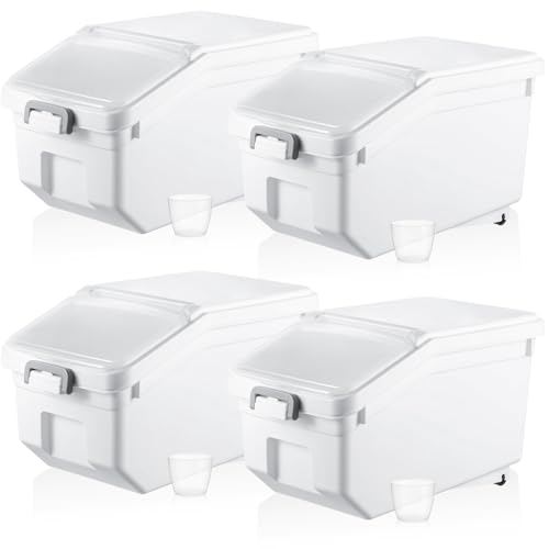 Sunnyray 4 Pcs Rice Storage Containers Bulk Flour Sugar Container Wheels Measuring Cups Set Airtight Pet Dog Cat Birds Food Bin Grain Cereal Organizer Box for Dry Baking(White,22 lb) - color: White, size: 22 lb