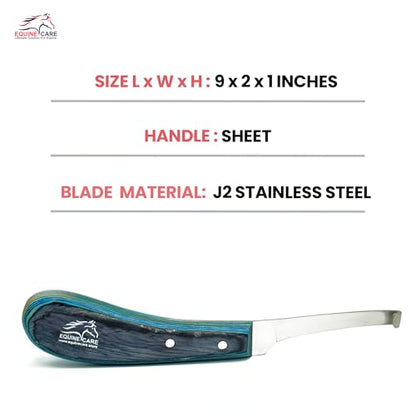 Equine Care Left-Handed Narrow Farrier Hoof Knife, Horses, Ponies, Minis | Narrow hoof knife for detail trimming; J2 stainless steel blade; smooth blue layered handle; right- or left-handed - style: Left-Handed