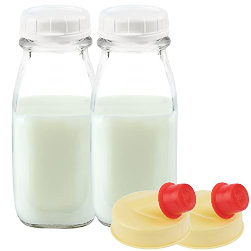 kitchentoolz 12 Oz Square Glass Milk Jugs with Caps - Perfect Milk Container for Refrigerator - 12 Ounce Glass Milk Bottle with Tamper Proof Lid and Pour Spout - Pack of 2