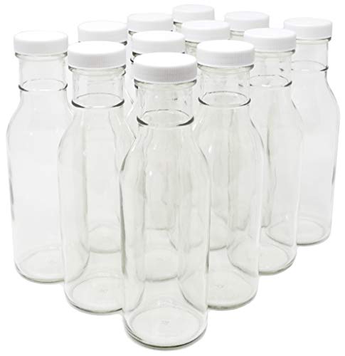 nicebottles Clear Glass Beverage/Sauce Bottles, 12 Oz, White Caps - 4 Cases of 12 units, 48 Total - color: White Caps, size: 48 x 12oz