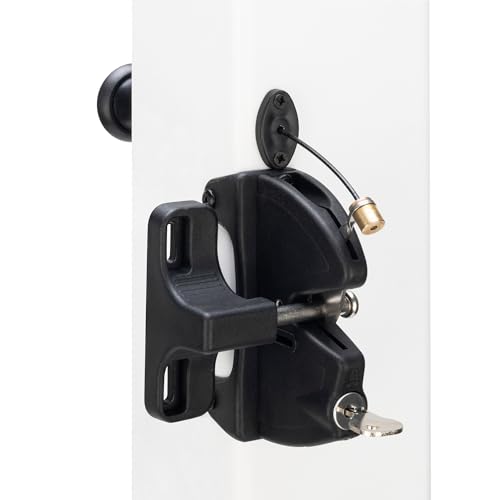 Key Lockable Fence Gate Latch, 2 Sided Gate Lock Latch for Outdoor Fence, Keyed Fence Lock Latch with Spring Loaded Pull Cable, Fence Latch Gate Hardware for Wood, Vinyl, Metal Gates, Black