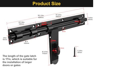 Heavy Duty 17" Slide Bolt Latch,Thickened Security Lock, Solid Steel | Left/Right Hand Installation, Welding & Screw Mountfor Barn Doors, Fence Gates, Warehouse, Entry Gates(Patent Pending)