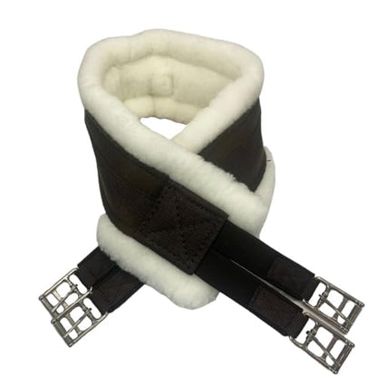 Intrepid International English Girth with Fleece - Breathable Lightweight Horse Girth for English Saddle, Double Elastic Easy Attachment, Brown with White Fleece
