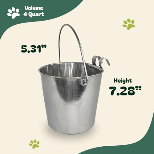 Advance Pet Products 4 Quart Stainless Steel Bucket with Dual Hook | Perfectly Fits on Kennels, Cages and Critter Crates | Heavy Duty Bucket for Pets Cleaning & Food Prep - Flat Sided Pail - size: 4 Quart - Hooked