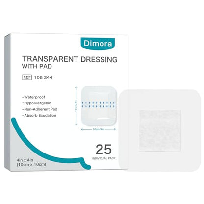 Dimora Waterproof Adhesive Bandages with Pad, Transparent Film Dressing 4x4 inch 25 Packs, Clear Bandage Tape for Wound Care, Fragile Skin and Swimming,IV Shield, Tattoo Aftercare - size: 4x4 Inch