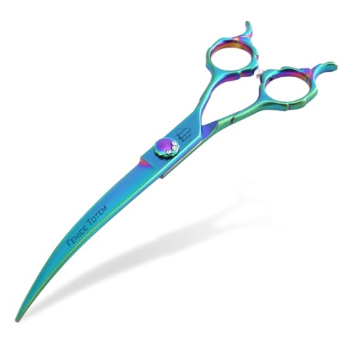 Dog Grooming Scissors: 7" Straight Pet Shears Skeletonized blade Made Of Japanese 440C for Trimming Dogs Cats and Other Pets Green (Curved G, 7") - style: Curved G