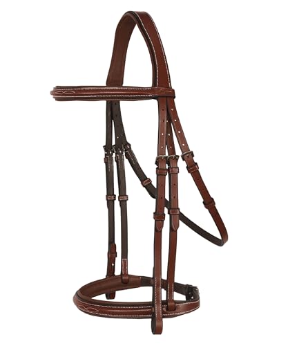 Exion English Hunter Bridle with Designer Stitched Browband & Hunter Noseband – Anatomical Mono Crownpiece, Padded Noseband, Rubber Reins – Horse, Cob, Pony, Oversize – Black, Havana, Oak Brown - color: Reddish Brown, size: Cob/Medium Size