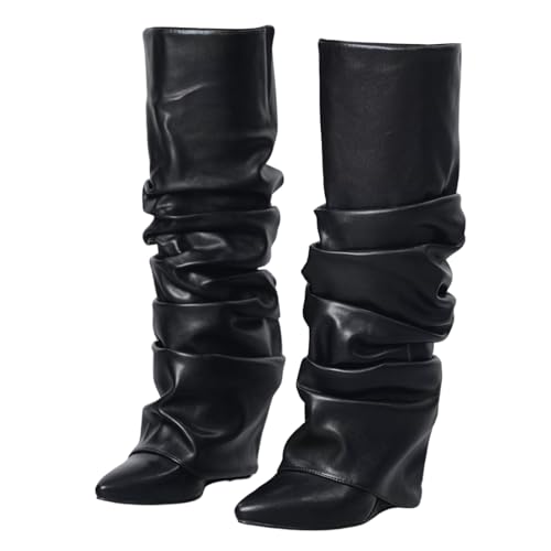 Yishaweiqi Slouched Ruched Fold Over Boots for Women Covered Wedge Heel Patent Leather Knee High Boots Wide Calf Pointed Toe Casual Boots - color: Black Pu Leather, size: 8