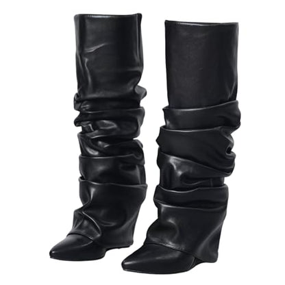 Yishaweiqi Slouched Ruched Fold Over Boots for Women Covered Wedge Heel Patent Leather Knee High Boots Wide Calf Pointed Toe Casual Boots - color: Black Pu Leather, size: 7