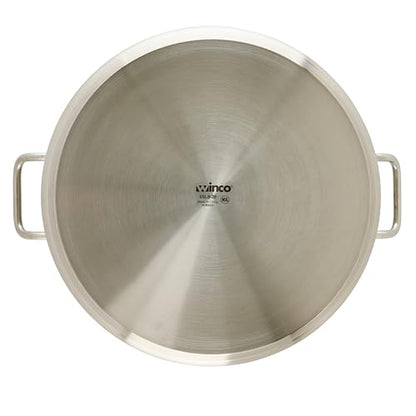 Winco 20 qt Stainless Steel Brazier Pan with Lid | Flat bottom, Wide base, Riveted handles, Induction safe, Great for Braising, Simmering, Batch Cooking and Restaurant Kitchens - size: 20 Quarts