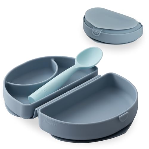 Miniware Fold & Scoop Baby Feeding Set - Silicone Travel Baby Plate With Suction & Baby Spoon - Compact, Portable, Dishwasher-Safe, Suction Base for Mess-Free Eating (Aquamarine and Aqua) - color: Aquamarine & Aqua